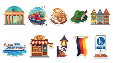 Collection of German cultural symbols and landmarks, including the Brandenburg Gate, a train, and traditional buildings. © Terra