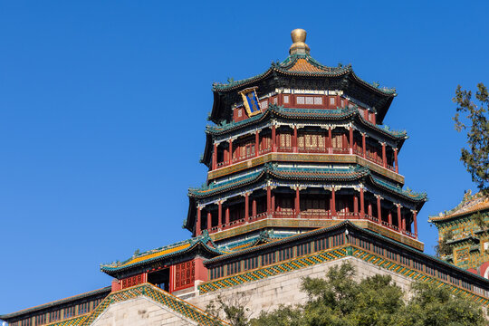 Summer Palace's Tower of Buddhist Incense, highest point of the Summer Palace, an architectural centerpiece of the imperial garden in Beijing, China.
