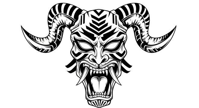 A black and white illustration of a demon head with horns.