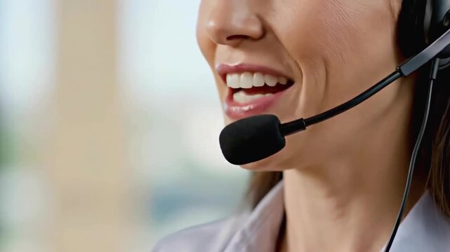 A close-up of a smiling woman wearing a headset microphone, likely a customer service representative. The background is softly blurred, focusing attention on her expression and the communication equip