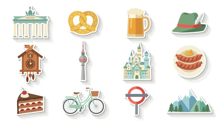 Obraz premium Collection of German cultural icons and symbols in a sticker design style.
