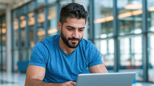 Young bearded middle eastern man in blue t shirt working on laptop in modern open office with glass walls while looking down at device screen