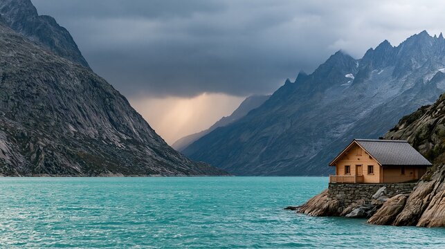 Warm light wooden log cabin built on rocky cliff beside stunning turquoise alpine lake with soft sun beams breaking through dark storm clouds between tall rocky mountain ranges