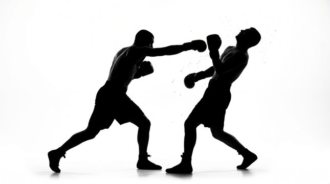 Silhouette of two boxers sparring and throwing punches with silhouette, sparring