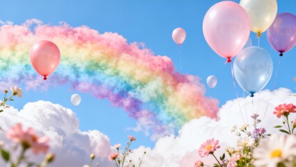 Fototapeta premium Balloons and rainbow in sky