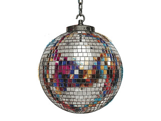 Fototapeta premium Vibrant disco ball with colorful reflective facets hanging from a chain, ready for a party atmosphere.