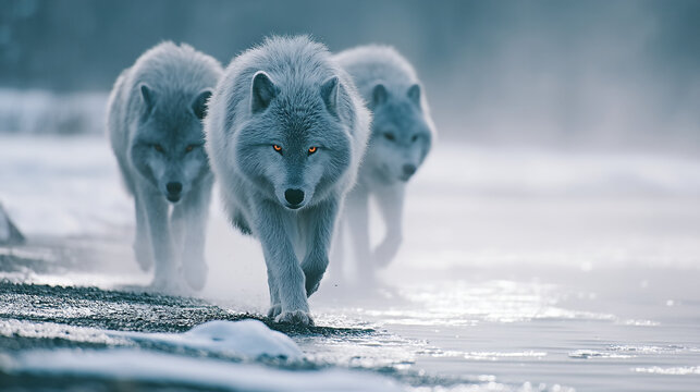 Pack of grey wolves walking through snowy landscape in winter mist with wildlife, predator