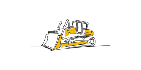 A yellow bulldozer on a white background with a large blade © Line Art