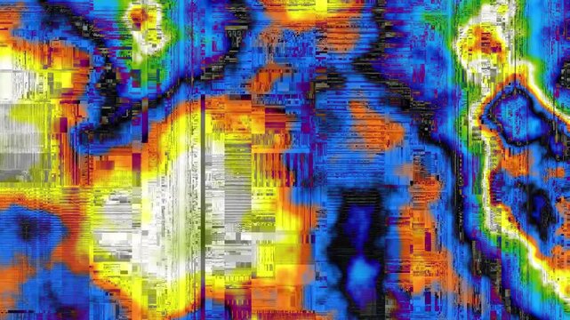 The screen of TV or computer having glitch and colorful noises while working. Errors of broadcasting. Loop background
