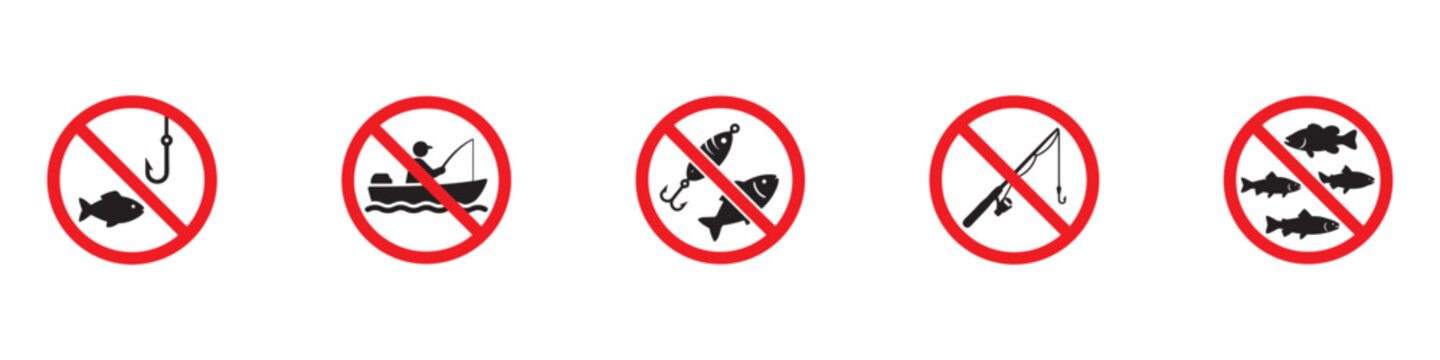 No fishing sign set. Prohibited fishing icon with fish, hook, rod and boat in red crossed circle. Fishing restriction symbols. Vector illustration. Vector Graphic. EPS 10