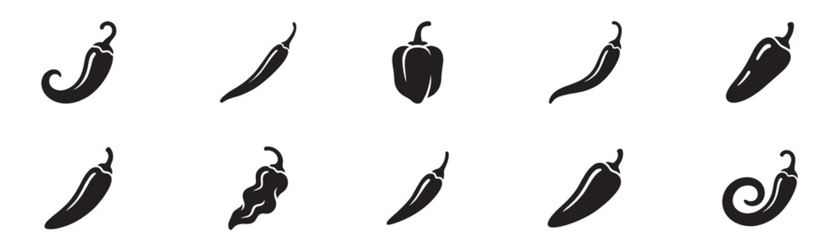 Chili pepper icon set. Hot spicy jalapeno, habanero, bell pepper and cayenne silhouette. Spicy food logo and Mexican seasoning ingredient. Vector illustration. Vector Graphic. EPS 10