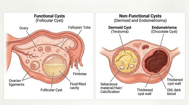 This visual presents a comparison of functional and non-functional cysts with diagrams of ovaries and fallopian tubes, highlighting key features.