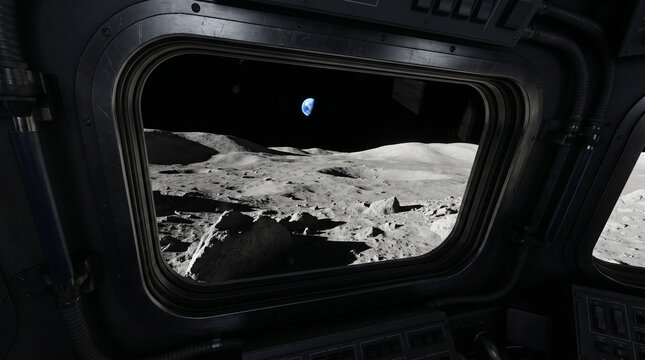View from lunar landing module window showing rugged moon surface with Earth in the distance, dark interior, and dramatic space scene