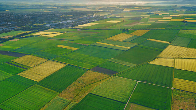  Aerial view on the field during sunset. Landscape from drone. Agricultural landscape from air.