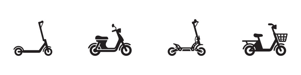 Electric scooter icon set. E-scooter, moped, kick scooter and electric bicycle silhouette. Eco friendly urban city transportation vehicle. Vector illustration. Vector Graphic. EPS 10 © Jeremy_Show