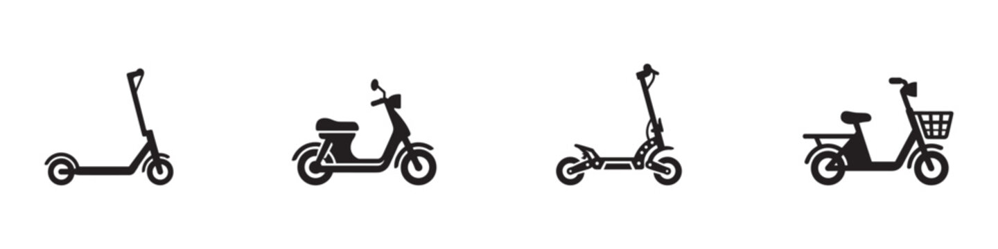 Electric scooter icon set. E-scooter, moped, kick scooter and electric bicycle silhouette. Eco friendly urban city transportation vehicle. Vector illustration. Vector Graphic. EPS 10