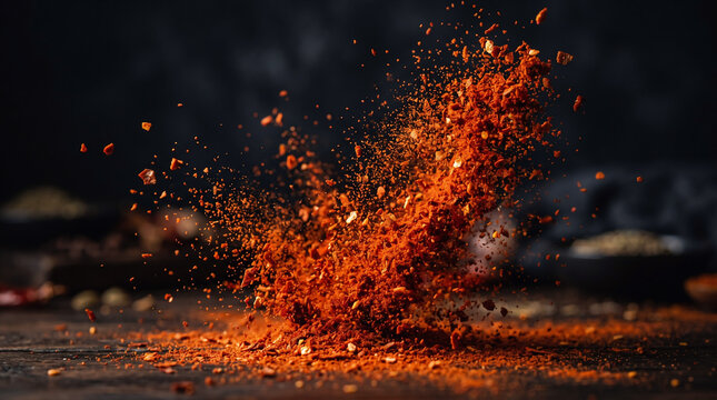 Close up of a splash of spicy chili sauce with a cinematic kitchen backdrop