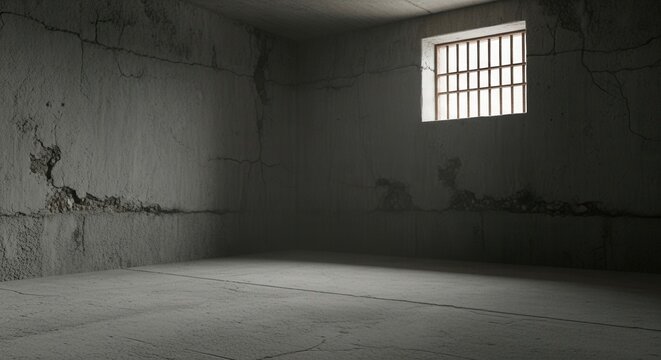 Empty prison cell with barred window and dim light casting shadows on the floor.