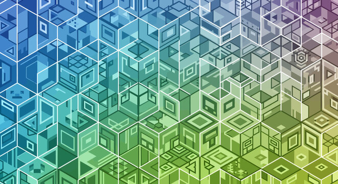 Vibrant 3D cube pattern with rainbow colors.