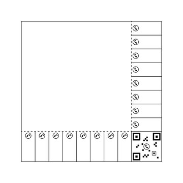 Tear off square ad template with phone icons and QR code. Blank advertisement flyer with tear-off coupons, line art vector illustration.

