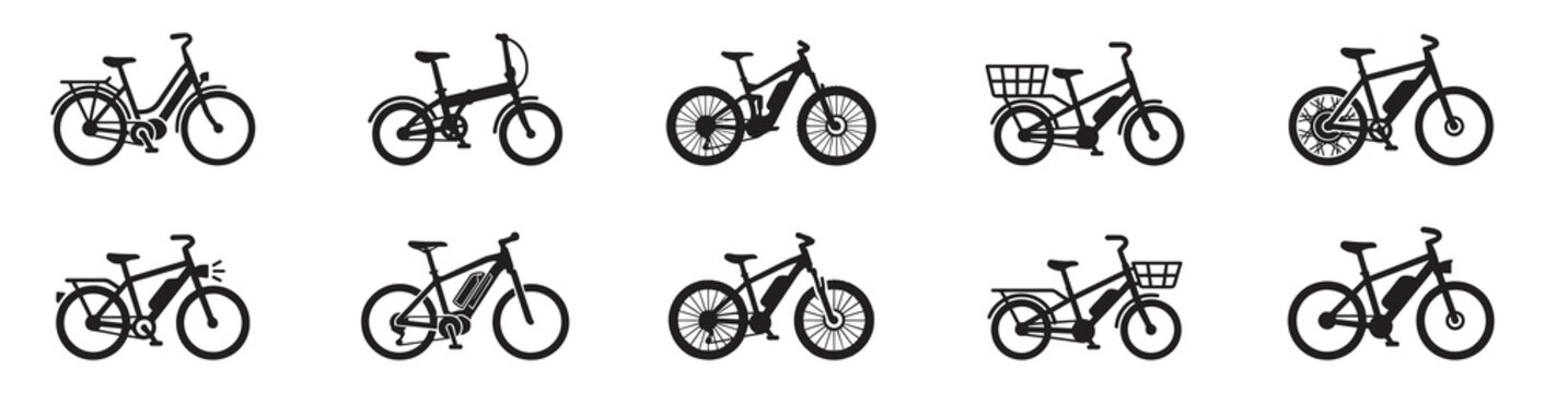 Electric bicycle icon set. E-bike symbols. Mountain, folding, and city electric bike vector illustrations. Eco-friendly transport signs. Vector Graphic. EPS 10