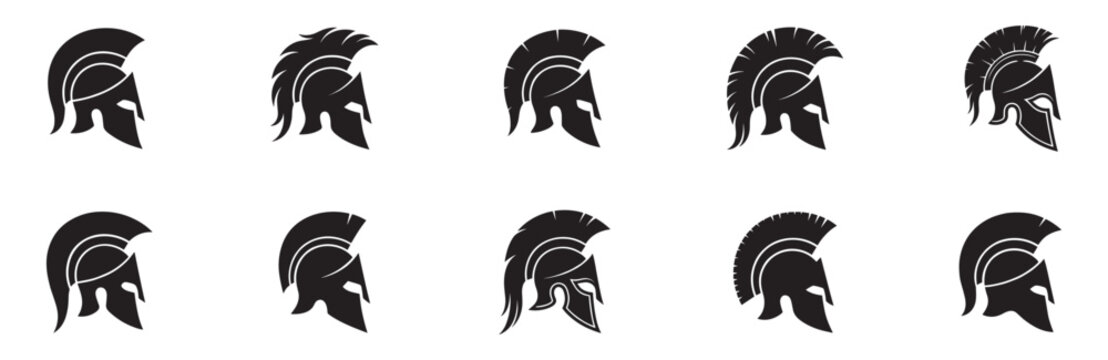 Ancient warrior helmet silhouette icon set. Ancient greek spartan helmet icon. Vector Illustration.