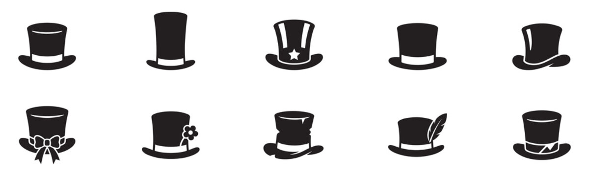 Top hat icon set. Gentleman cylinder hat symbols. Magic magician cap signs. Vintage classic fashion clothing elements. Vector illustration. Vector Graphic. EPS 10