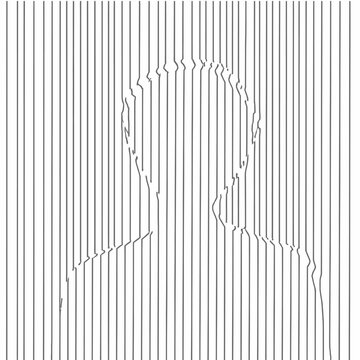 Abstract human silhouette outline created by distorted vertical lines on white background.