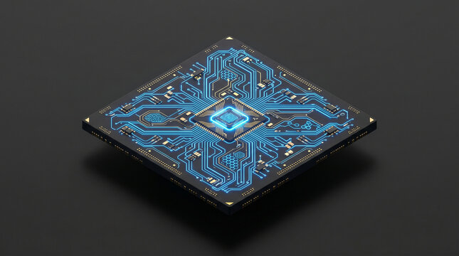 Blue circuit board with glowing lines on dark background