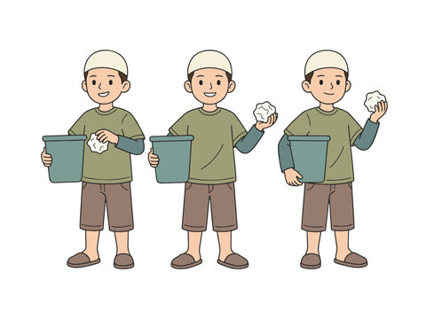 Young Muslim boy character set holding trash bin and crumpled paper for cleanliness concept