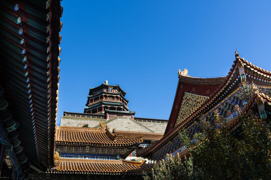 View of Summer Palace's Tower of Buddhist Incense, highest point of the Summer Palace in Beijing China, from within compound.