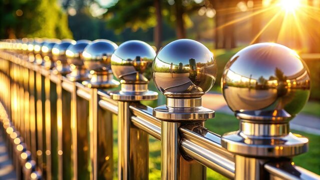 Close up of metallic fence with reflective knobs in sunny outdoor setting