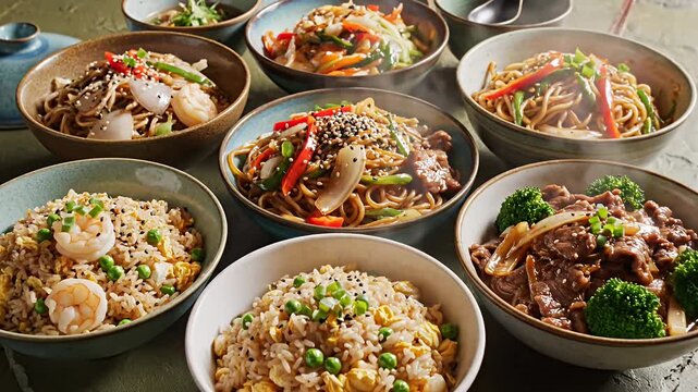 Assorted Asian stir fry and fried rice in ceramic bowls