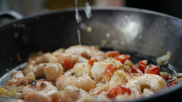 Shrimp sizzle in hot pan with tomatoes and garlic. Lemon juice drips down as hand squeezes citrus. Close-up highlights cooking process with steam rising. Perfect for restaurant ads, cooking tutorials