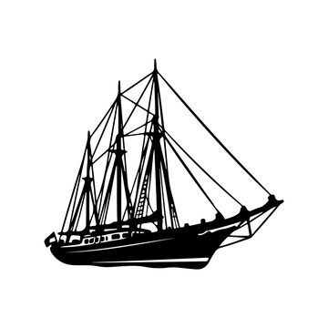 Silhouette of a majestic sailing ship with full sails against a white background.