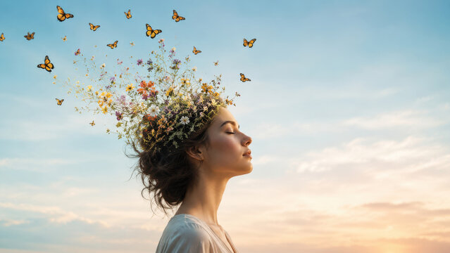woman with wildflower thoughts and butterflies for emotional rewilding