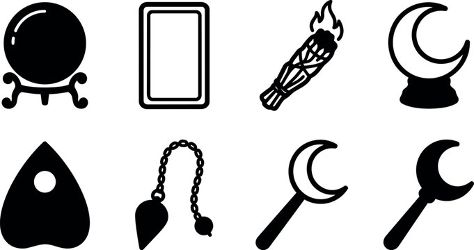 Black silhouette fortune telling tools icons set with crystal ball tarot cards and pendulum