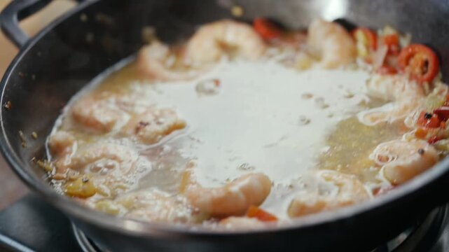 Close-up of pasta being added to a bubbling shrimp sauce. Hand gently drops thick pasta into simmering broth with shrimp and red peppers. Food is being prepared with care and attention