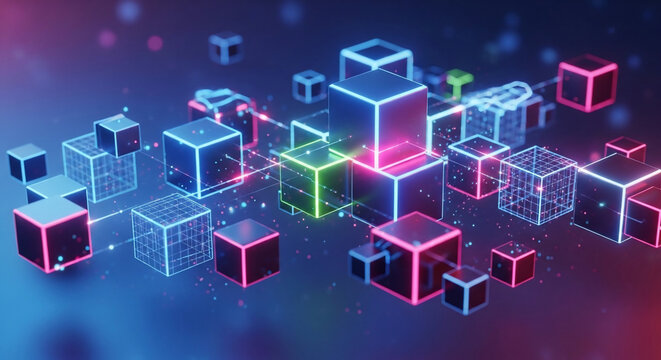 Abstract Digital Network with Glowing Neon Cubes and Data Connections