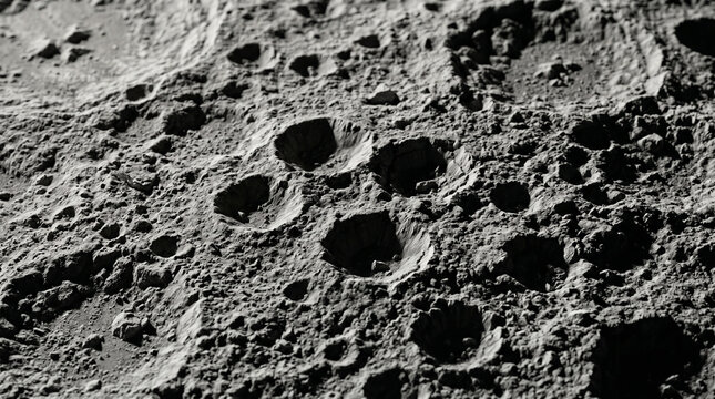 Closeup of the moons surface with craters and rocky terrain