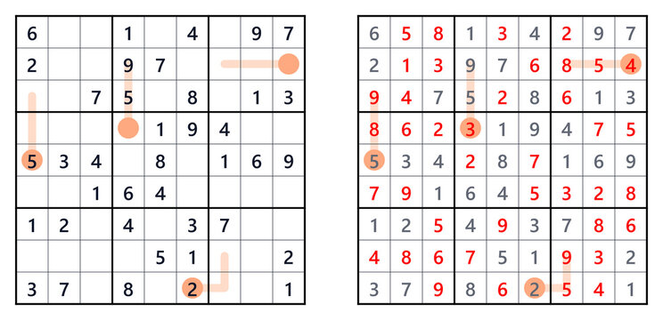 Sudoku game progress with highlighted numbers and paths