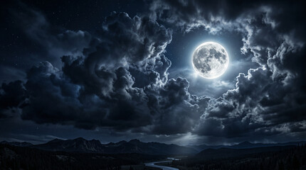 A serene nighttime landscape with a full moon shining through dark clouds over a mountain range and a winding river © ravindu