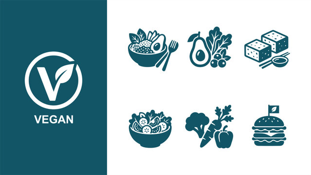 Vegan and plant-based diet vector icon set with vegan logo and food symbols