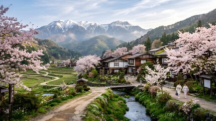 Fototapeta premium Picturesque rural village path surrounded by blooming pink cherry blossom trees with snow-capped mountains in the background