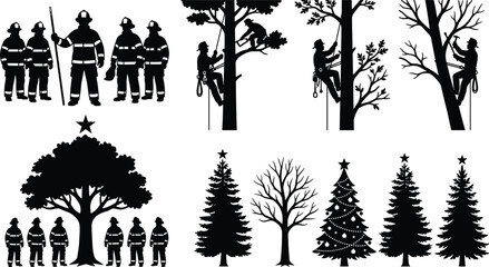 Fototapeta premium Tree Service and Firefighter Silhouette Collection with Arborist Climbing Christmas Trees and Emergency Rescue Illustrations