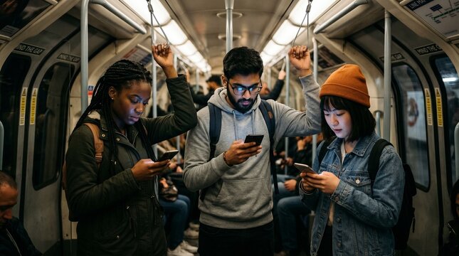 Diverse young adults engrossed in their smartphones on a subway train