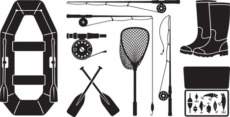 Fishing and Boating Equipment Silhouette Set – Vector Icons of Rods, Reel, Boat, Net, Waders, Lures and Tackle Box   © Open Expression