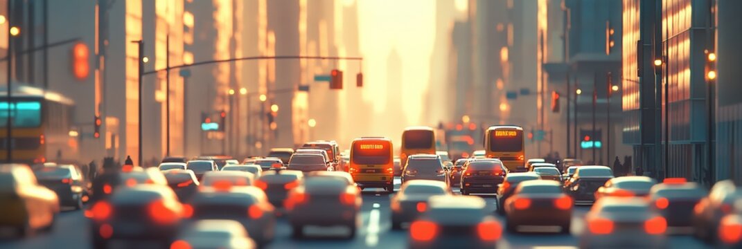 Many cars and buses are driving slowly on a congested city street during rush hour, creating a traffic jam amidst towering buildings and warm sunlight