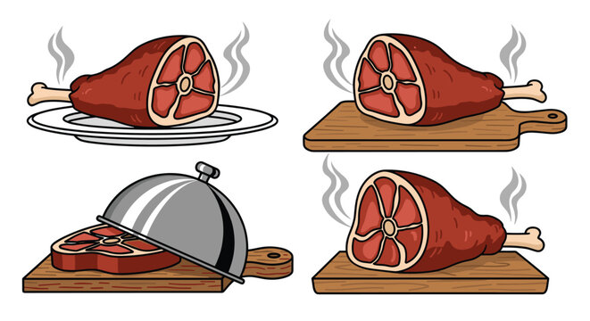 Selection of cooked ham hock illustrations served on plates and wooden boards with steam for festive dinner themes.