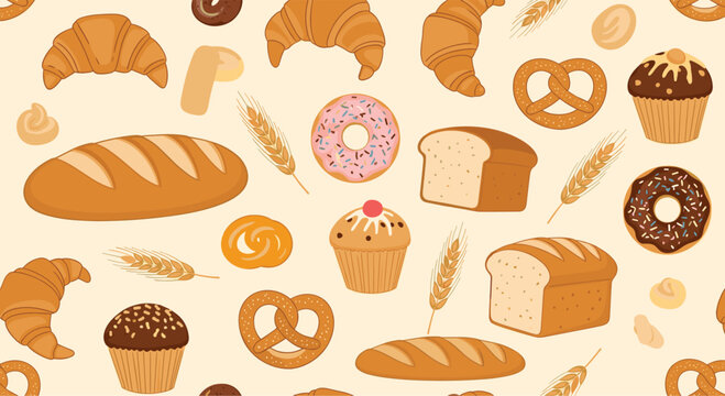 Seamless pattern of bakery items including bread loaves, croissants, donuts, pretzels, muffins, and wheat ears on a light background.